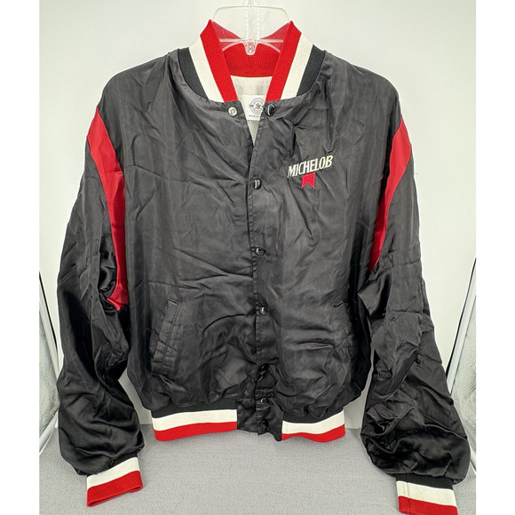 Vintage 80's Michelob Beer Anheiser Busch Black & Red Satin Bomber Jacket L - Picture 1 of 11